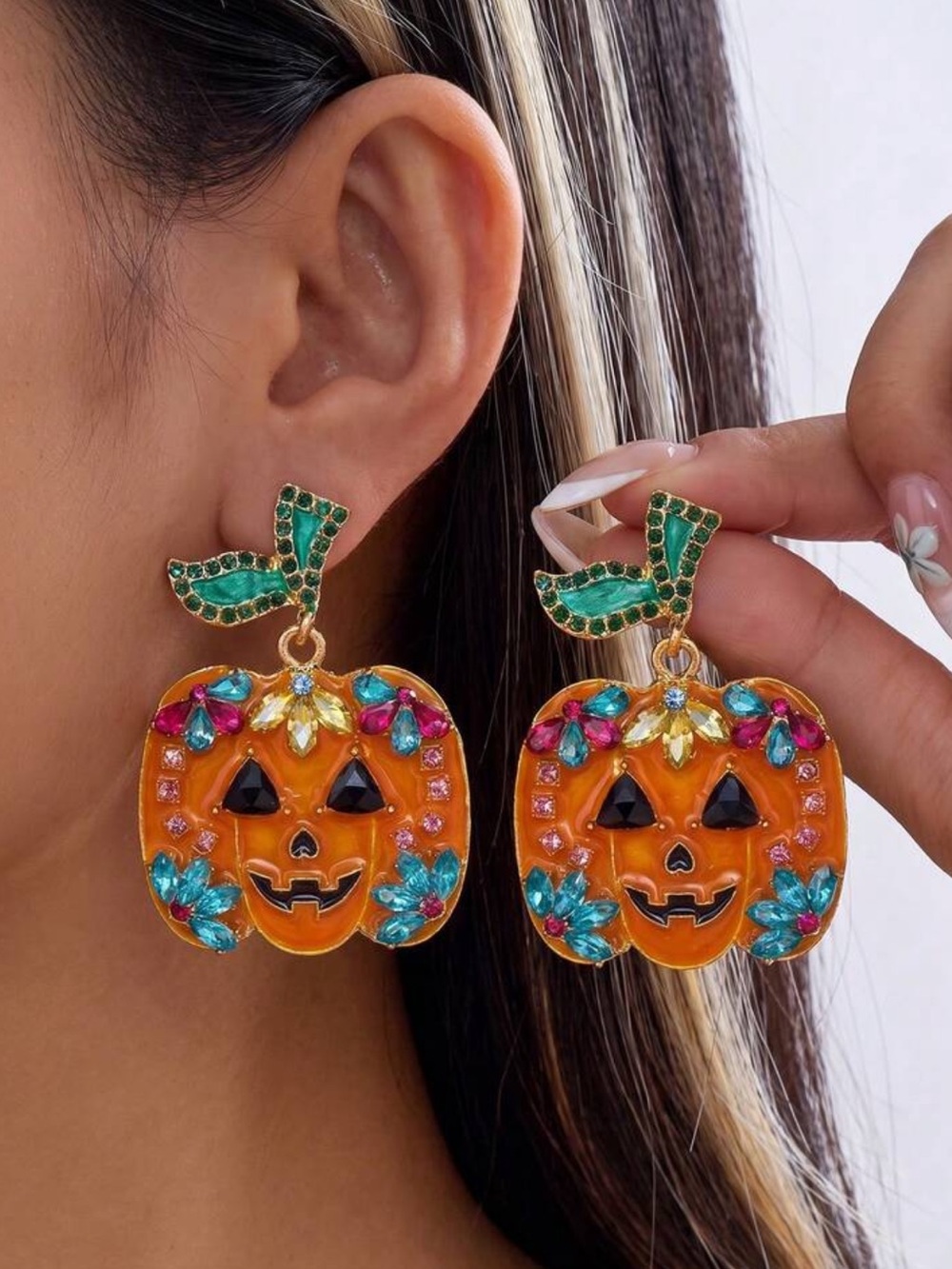 2pcs Halloween Rhinestone Pumpkin Leaf Earrings, Suitable For Holiday Wear